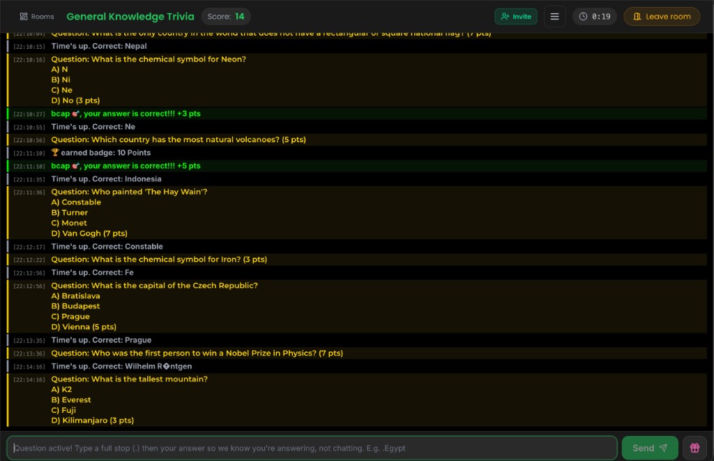 Skilmore live chatroom with real-time quiz questions, scoring, and participation